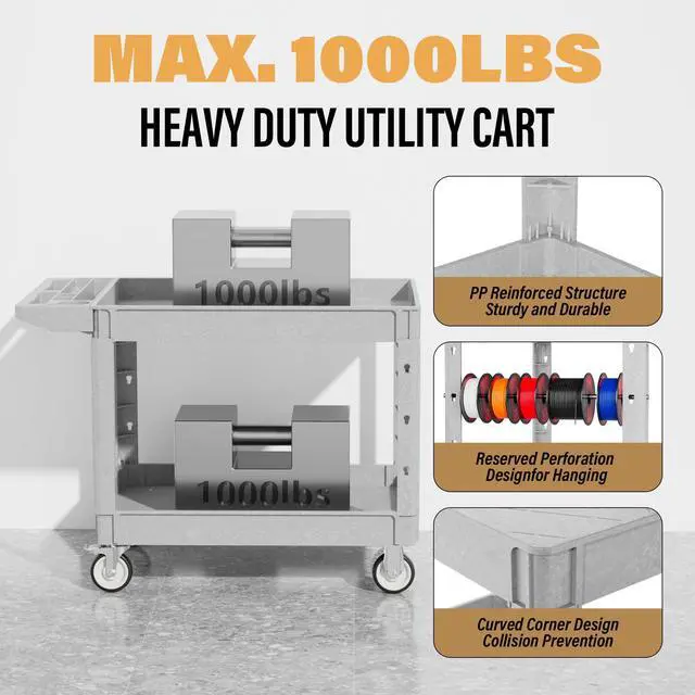 Alt view image 4 of 6 - Heavy Duty Utility Rolling Tool Cart, 1000 lbs Capacity Utility Service Cart with Two Trays and Wheels, 46 x 26-Inch Rolling Service Carts Huge Storage, Garage, Warehouse, Workshop, Gery