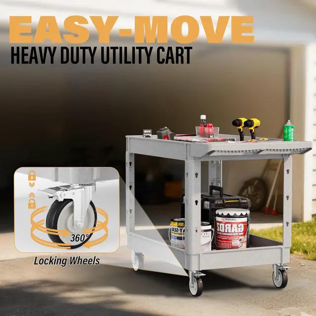 Alt view image 5 of 6 - Heavy Duty Utility Rolling Tool Cart, 1000 lbs Capacity Utility Service Cart with Two Trays and Wheels, 46 x 26-Inch Rolling Service Carts Huge Storage, Garage, Warehouse, Workshop, Gery