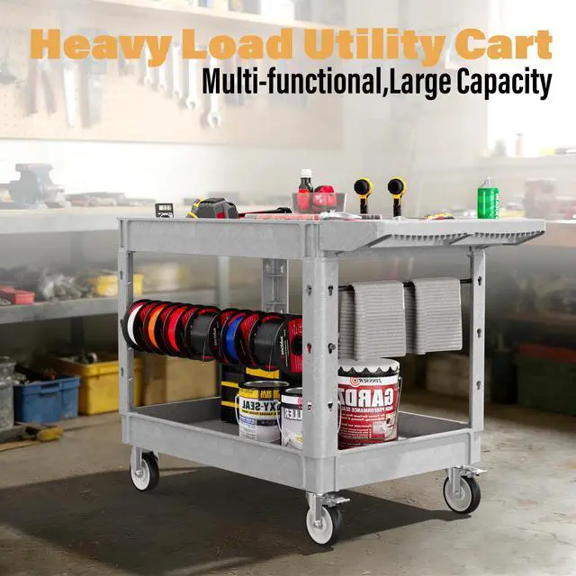 Alt view image 6 of 6 - Heavy Duty Utility Rolling Tool Cart, 1000 lbs Capacity Utility Service Cart with Two Trays and Wheels, 46 x 26-Inch Rolling Service Carts Huge Storage, Garage, Warehouse, Workshop, Gery