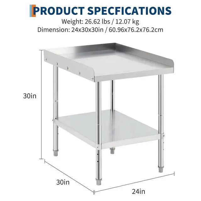Alt view image 2 of 6 - Stainless Steel Grill Stand Table - 24x30x30 Inches, 660 LBS Heavy-Duty Capacity, NSF Certified, with 2" Edge Baffle for Home, Commercial Restaurant Kitchen, Hotel