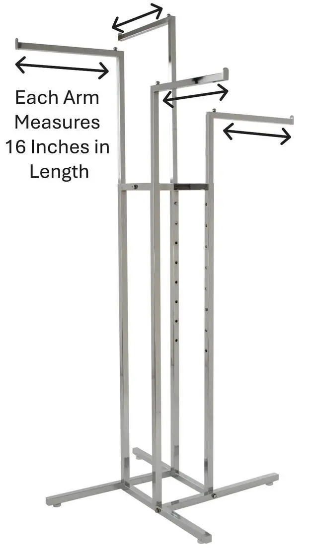 Alt view image 2 of 6 - 4-Way Clothing Rack, Heavy Duty Retail Garment Display with Adjustable Height and 4 Straight Arms, Chrome Finish