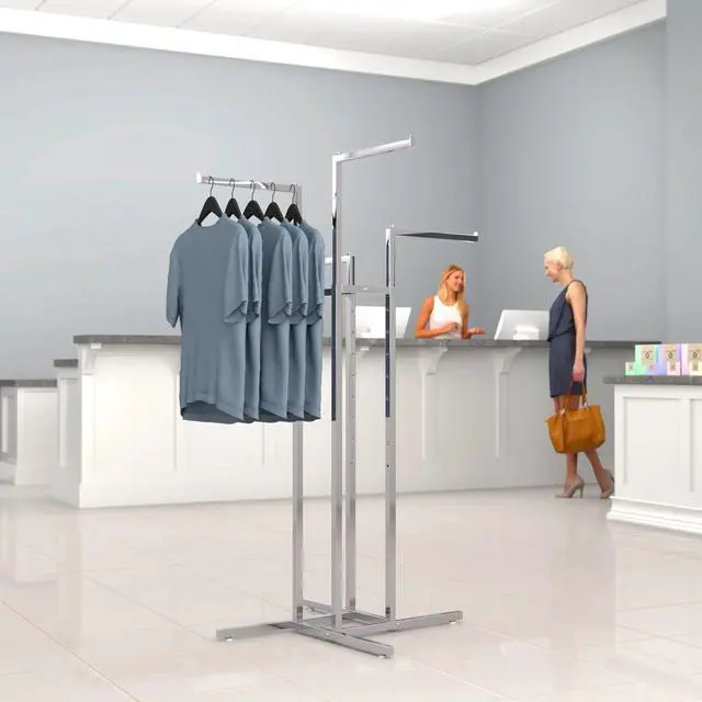 Alt view image 3 of 6 - 4-Way Clothing Rack, Heavy Duty Retail Garment Display with Adjustable Height and 4 Straight Arms, Chrome Finish