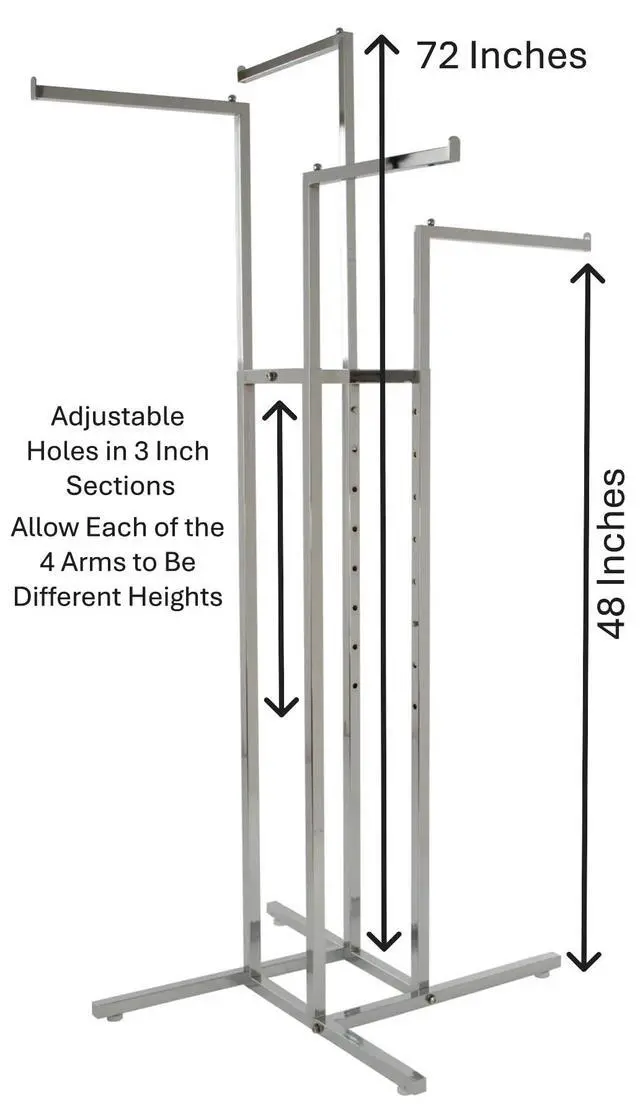 Alt view image 4 of 6 - 4-Way Clothing Rack, Heavy Duty Retail Garment Display with Adjustable Height and 4 Straight Arms, Chrome Finish
