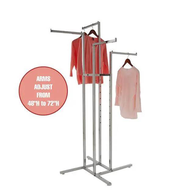 Alt view image 6 of 6 - 4-Way Clothing Rack, Heavy Duty Retail Garment Display with Adjustable Height and 4 Straight Arms, Chrome Finish