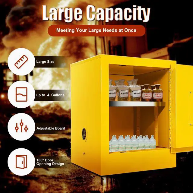 Alt view image 4 of 6 - 4 Gal Flammable Safety Cabinet with Adjustable Shelf | Yellow steel construction, Fire-Resistant & Leakproof, For Garage & Home Workshops