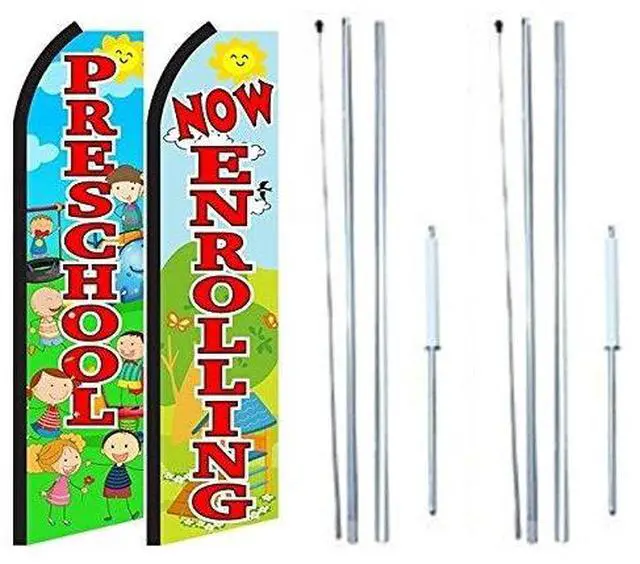 Main image of Now Enrolling Preschool King Flags 2 Pack | 3 ft x 11.5 ft Outdoor Feather Flags for Preschool Advertising | Weatherproof Polyester Signs (With Complete Hybrid Pole Set)