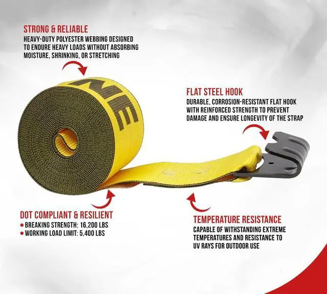 Alt view image 2 of 6 - (4 Pack) 4" x 40' Winch Strap with Flat Hook - Kinedyne, Gold
