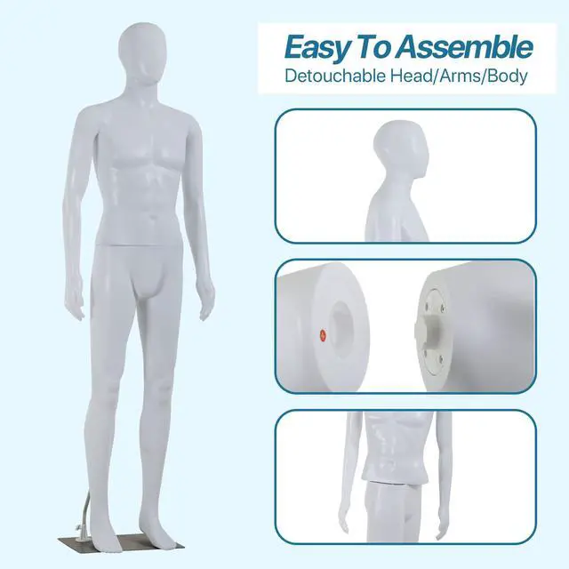 Alt view image 3 of 6 - Male Mannequin Full Body 73" High Adjustable Realistic Manikin Torso with Metal Base for Display Men, Plastic Head Turns Poseable Mannequin Stand, White