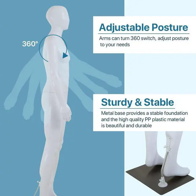 Alt view image 4 of 6 - Male Mannequin Full Body 73" High Adjustable Realistic Manikin Torso with Metal Base for Display Men, Plastic Head Turns Poseable Mannequin Stand, White
