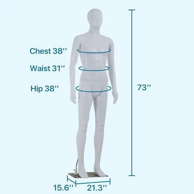 Alt view image 6 of 6 - Male Mannequin Full Body 73" High Adjustable Realistic Manikin Torso with Metal Base for Display Men, Plastic Head Turns Poseable Mannequin Stand, White