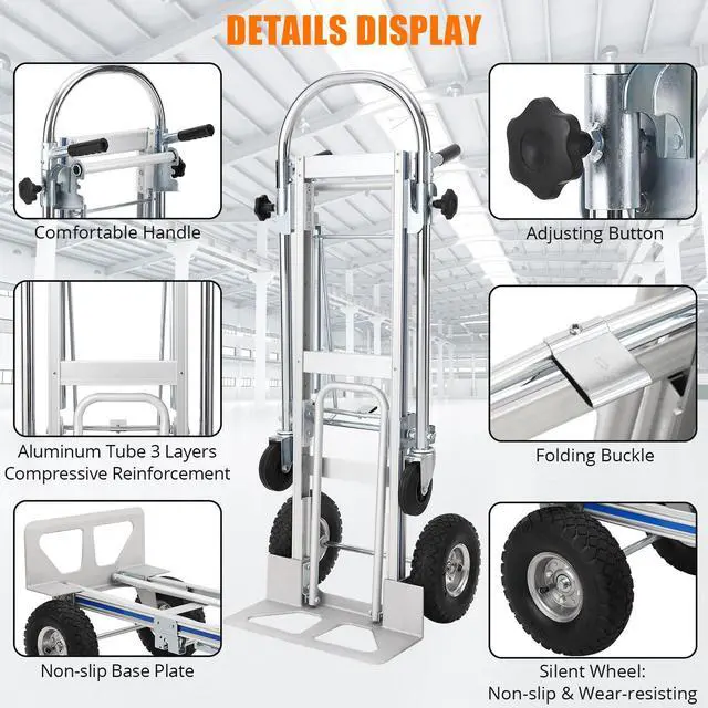 Alt view image 2 of 6 - 3-in-1 Aluminum Folding Hand Truck Dolly, Foldable Dolly Cart with 4 Wheels & Elastic Rope, 770lbs Load Convertible Hand Truck Cart Heavy Duty for Groceries, Furniture & Appliances
