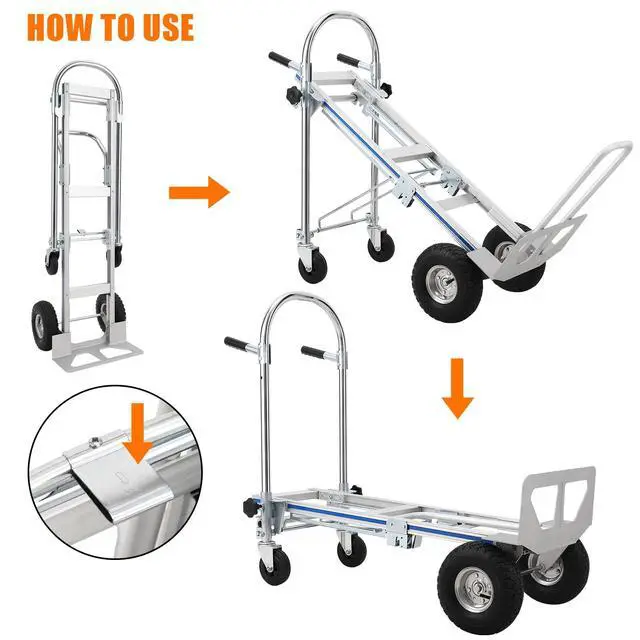 Alt view image 3 of 6 - 3-in-1 Aluminum Folding Hand Truck Dolly, Foldable Dolly Cart with 4 Wheels & Elastic Rope, 770lbs Load Convertible Hand Truck Cart Heavy Duty for Groceries, Furniture & Appliances