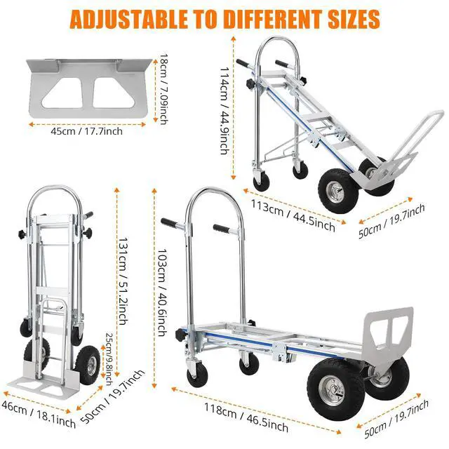 Alt view image 4 of 6 - 3-in-1 Aluminum Folding Hand Truck Dolly, Foldable Dolly Cart with 4 Wheels & Elastic Rope, 770lbs Load Convertible Hand Truck Cart Heavy Duty for Groceries, Furniture & Appliances
