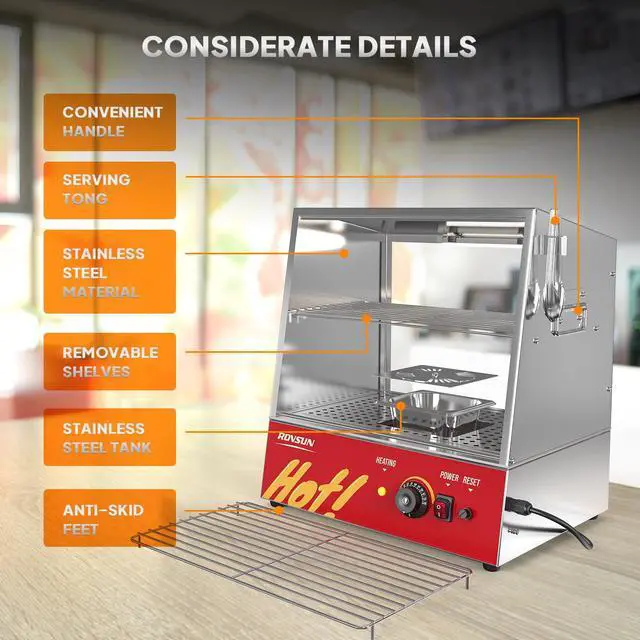 Alt view image 4 of 6 - Hot Dog Steamer 175 Hot Dogs & 40 Buns Capacity, 32QT/30L Hut Steamer Hot Dog Steamer and Bun Warmer Cooker 2-Tier with Removable Shelves Food Clip for Concession Stand Party Event