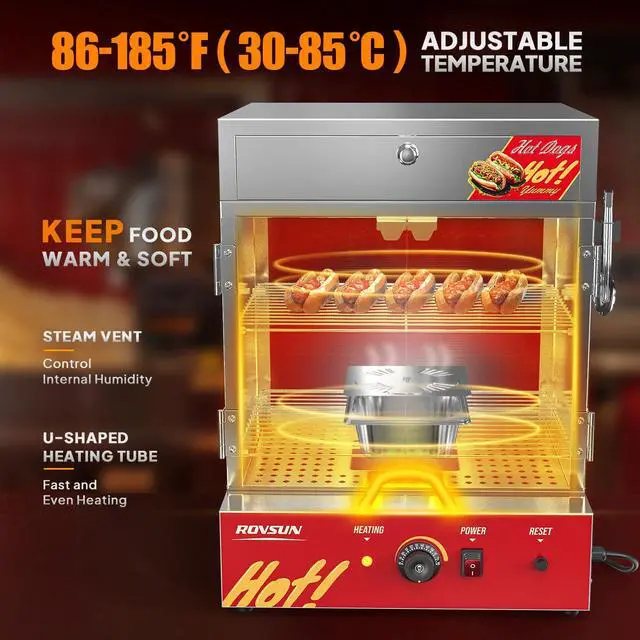 Alt view image 2 of 6 - Hot Dog Steamer 270 Hot Dogs & 58 Buns Capacity, 49QT/46L Hut Steamer Hot Dog Steamer and Bun Warmer Cooker 2-Tier with Removable Shelves Food Clip for Party Event Concession Stand