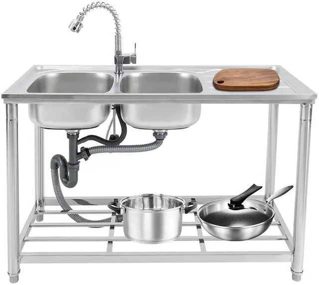 Main image of Stainless Steel Sink, Commercial Restaurant Kitchen Sink, Freestanding Double Bowl Sink Set with Worktop and Faucet for Indoor and Outdoor