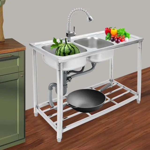 Alt view image 2 of 6 - Stainless Steel Sink, Commercial Restaurant Kitchen Sink, Freestanding Double Bowl Sink Set with Worktop and Faucet for Indoor and Outdoor
