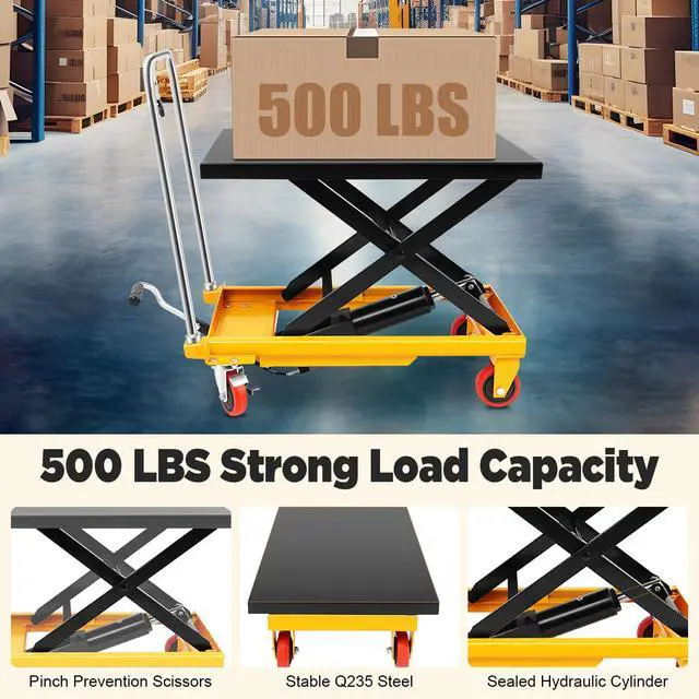 Alt view image 2 of 6 - Hydraulic Cart Lift Table, 500Lbs Manual Double Scissor Lifts Table with 4 Wheels 28" Lifting Height Hydraulic Lift Tables for Material Handling and Transportation 30.5" H Black