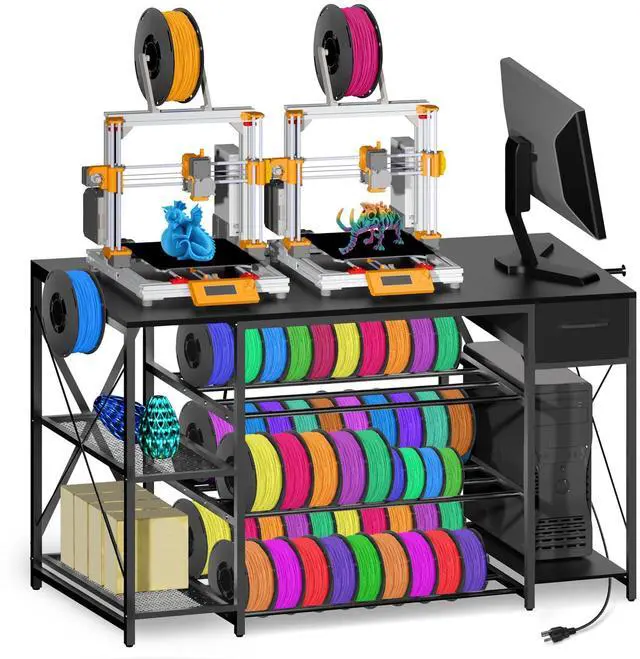 Main image of Heavy Duty 3D Printer Table with Storage, Large 4-Tier 3D Printer Stand with Power Outlet & Drawer, Sturdy Wooden Desk & Metal Filament Rack for Workshop, Home Office Black