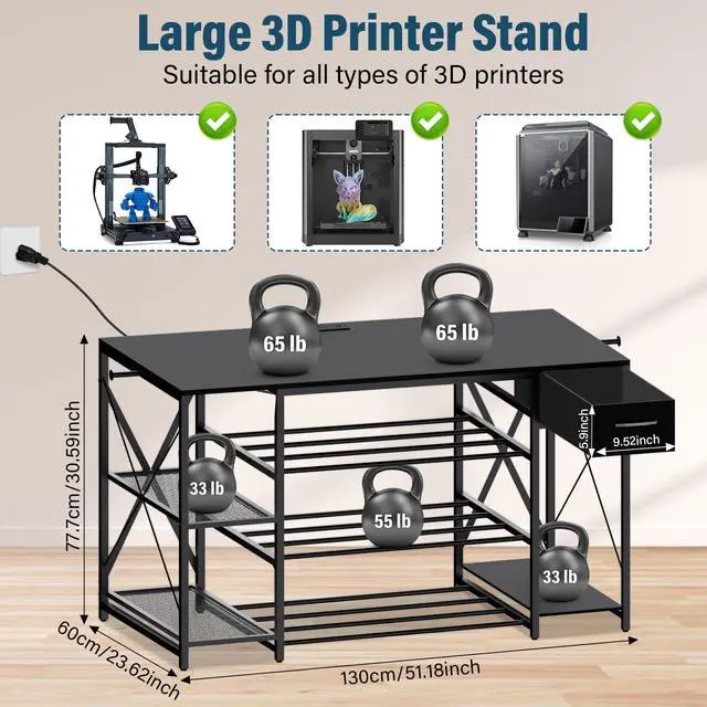 Alt view image 2 of 6 - Heavy Duty 3D Printer Table with Storage, Large 4-Tier 3D Printer Stand with Power Outlet & Drawer, Sturdy Wooden Desk & Metal Filament Rack for Workshop, Home Office Black