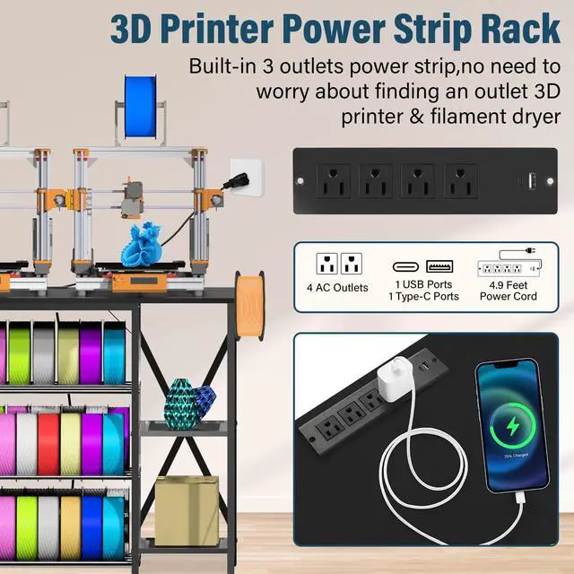 Alt view image 3 of 6 - Heavy Duty 3D Printer Table with Storage, Large 4-Tier 3D Printer Stand with Power Outlet & Drawer, Sturdy Wooden Desk & Metal Filament Rack for Workshop, Home Office Black