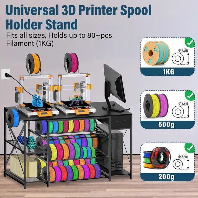 Alt view image 4 of 6 - Heavy Duty 3D Printer Table with Storage, Large 4-Tier 3D Printer Stand with Power Outlet & Drawer, Sturdy Wooden Desk & Metal Filament Rack for Workshop, Home Office Black