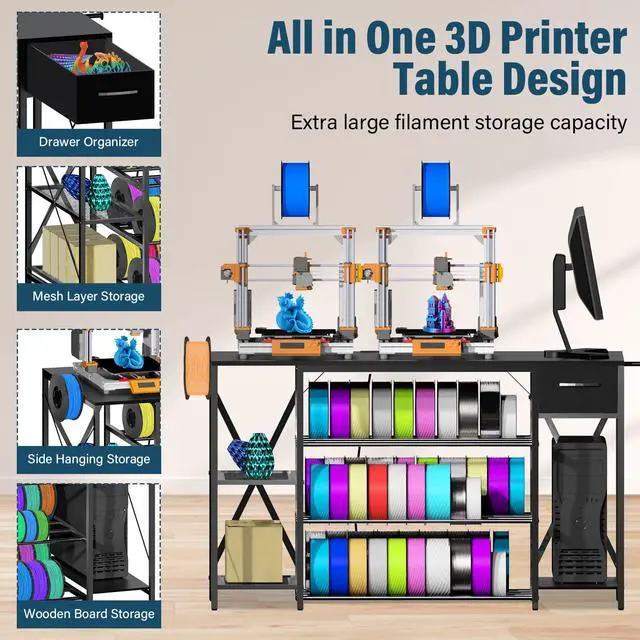 Alt view image 5 of 6 - Heavy Duty 3D Printer Table with Storage, Large 4-Tier 3D Printer Stand with Power Outlet & Drawer, Sturdy Wooden Desk & Metal Filament Rack for Workshop, Home Office Black