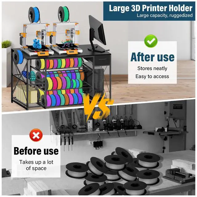 Alt view image 6 of 6 - Heavy Duty 3D Printer Table with Storage, Large 4-Tier 3D Printer Stand with Power Outlet & Drawer, Sturdy Wooden Desk & Metal Filament Rack for Workshop, Home Office Black