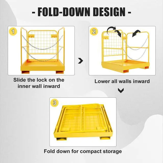 Alt view image 3 of 6 - 36x36 Forklift Cage 1200 LBS Capacity Work Platform Safety Cage Collapsible Lift Basket Aerial Rails Heavy Duty Steel Construction Fold Down Design Yellow