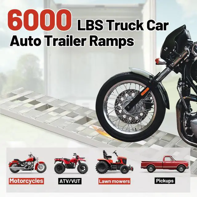 Alt view image 2 of 6 - Aluminum Trailer Ramps 72" X 14.87" X 2.5" 6000 LBS Universal Loading Ramp for Motorcycle Tractor ATV/UTV Trucks Lawn Mower Truck Car Auto Hook Attaching End Knife Foot Silver 2Pcs