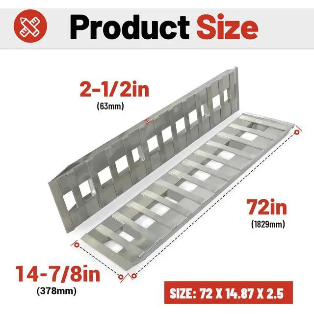 Alt view image 3 of 6 - Aluminum Trailer Ramps 72" X 14.87" X 2.5" 6000 LBS Universal Loading Ramp for Motorcycle Tractor ATV/UTV Trucks Lawn Mower Truck Car Auto Hook Attaching End Knife Foot Silver 2Pcs