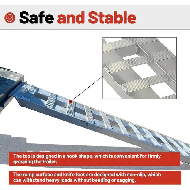 Alt view image 6 of 6 - Aluminum Trailer Ramps 72" X 14.87" X 2.5" 6000 LBS Universal Loading Ramp for Motorcycle Tractor ATV/UTV Trucks Lawn Mower Truck Car Auto Hook Attaching End Knife Foot Silver 2Pcs