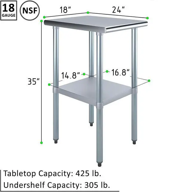 Alt view image 2 of 6 - Commercial Stainless Steel Work Prep Table 24" x 18" NSF Certified Heavy-Duty Table with Adjustable Undershelf for Restaurant, Kitchen, or Garage Use