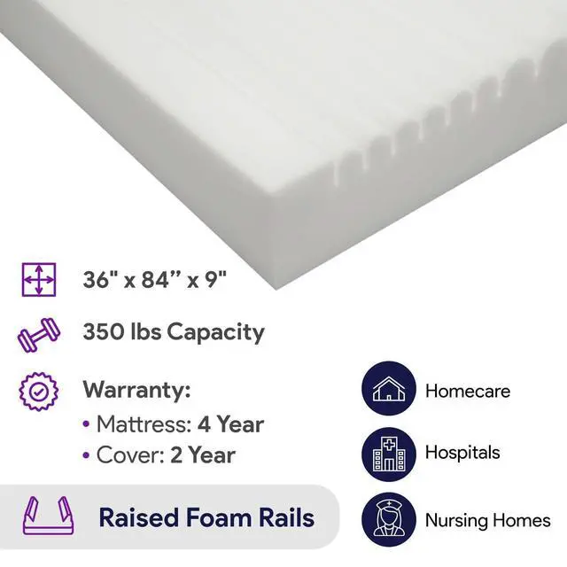 Alt view image 6 of 6 - Foam Hospital Bed Mattress for Pressure Redistribution, Raised Side Rails - 36" x 84" x 6" x 3" Rails - High Density Foam for Deep Immersion - Low to Moderate Bed Sore Treatment Mattresses