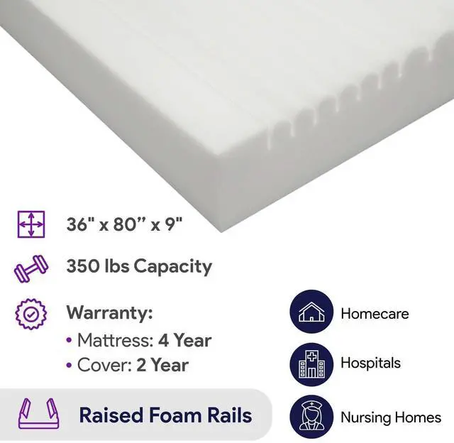 Alt view image 6 of 6 - Foam Hospital Bed Mattress for Pressure Redistribution with Raised Rails - 36" x 80" x 6" x 3" Rails - High Density Foam for Deep Immersion - Low to Moderate Bed Sore Treatment Mattresses