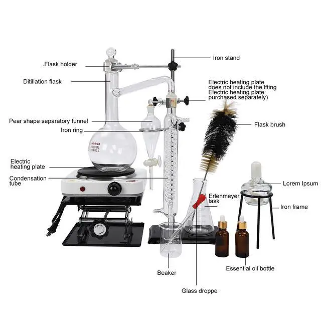 Alt view image 2 of 6 - Essential Oil Distillation Kit Distillation Apparatus Lab Glassware Kits 1000ml with 1000W Heater &Lifting Table Essential Oil Distillation Apparatus for School Glass Steam Distillation