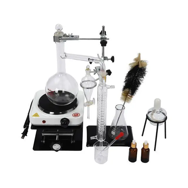 Alt view image 5 of 6 - Essential Oil Distillation Kit Distillation Apparatus Lab Glassware Kits 1000ml with 1000W Heater &Lifting Table Essential Oil Distillation Apparatus for School Glass Steam Distillation