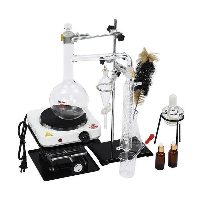 Alt view image 6 of 6 - Essential Oil Distillation Kit Distillation Apparatus Lab Glassware Kits 1000ml with 1000W Heater &Lifting Table Essential Oil Distillation Apparatus for School Glass Steam Distillation