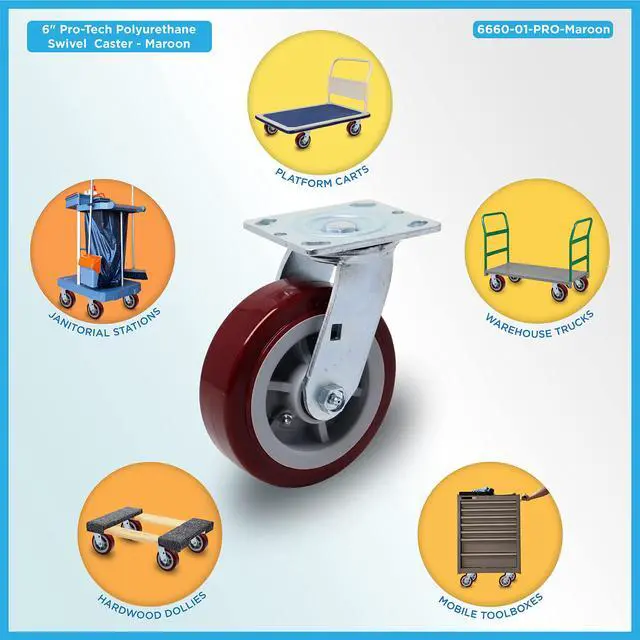 Alt view image 3 of 6 - ICON Caster Wheels 6" x 2" PRO Heavy Duty Industrial Casters, Top Plate 4" x 4.5", Maroon, 4 Swivel, Non-Marking Pro-Tech Polyurethane Wheel, Load Capacity 3600 lbs. per Set (4-Pack)