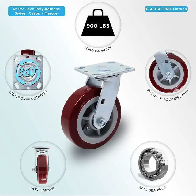 Alt view image 4 of 6 - ICON Caster Wheels 6" x 2" PRO Heavy Duty Industrial Casters, Top Plate 4" x 4.5", Maroon, 4 Swivel, Non-Marking Pro-Tech Polyurethane Wheel, Load Capacity 3600 lbs. per Set (4-Pack)