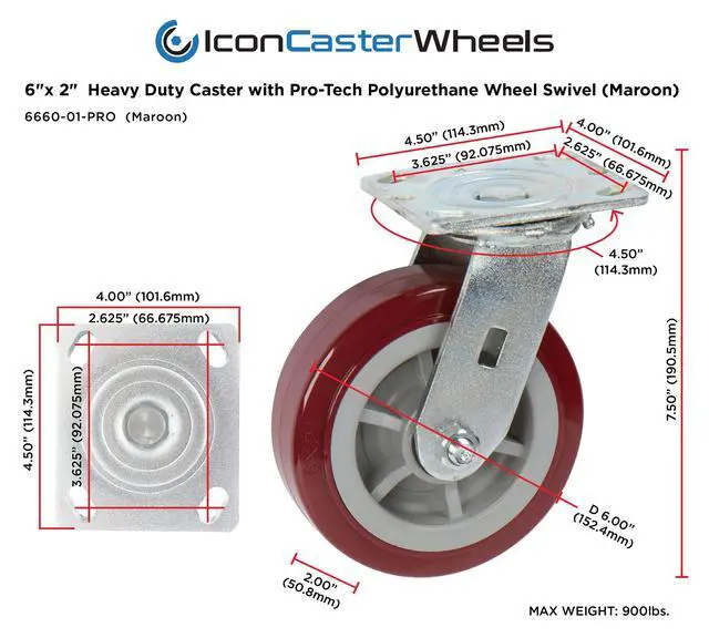 Alt view image 5 of 6 - ICON Caster Wheels 6" x 2" PRO Heavy Duty Industrial Casters, Top Plate 4" x 4.5", Maroon, 4 Swivel, Non-Marking Pro-Tech Polyurethane Wheel, Load Capacity 3600 lbs. per Set (4-Pack)