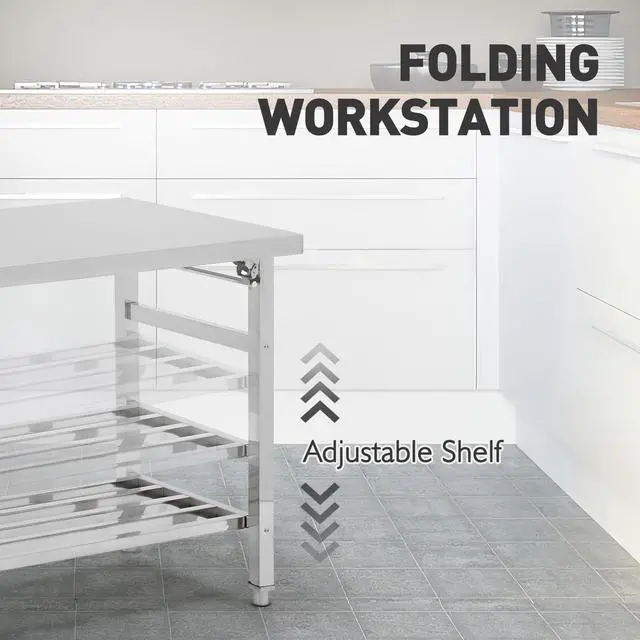 Alt view image 3 of 6 - Stainless Steel Work Table, 24'' x 60'' Folding Table for Kitchen, NSF Commercial Heavy Duty Stainless Steel Prep Table with Adjustable Undershelf, for Kitchen, Restaurant, Home