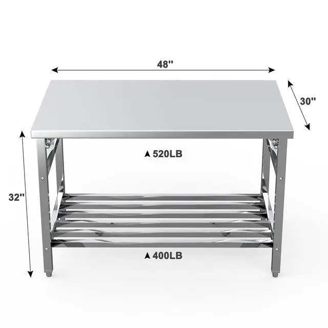 Alt view image 3 of 6 - Stainless Steel Work Table, 48'' x 30'' Folding Table for Kitchen, NSF Commercial Heavy Duty Stainless Steel Prep Table with Adjustable Undershelf, for Kitchen, Restaurant, Home
