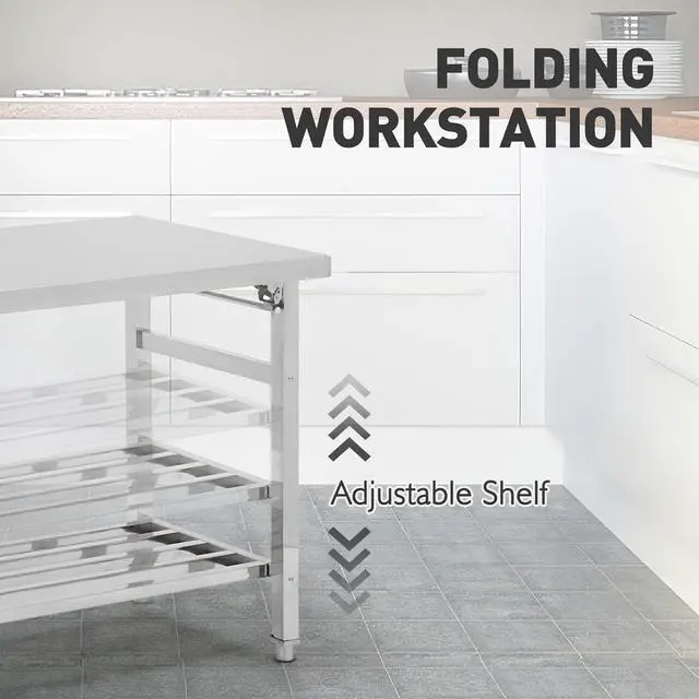 Alt view image 4 of 6 - Stainless Steel Work Table, 48'' x 30'' Folding Table for Kitchen, NSF Commercial Heavy Duty Stainless Steel Prep Table with Adjustable Undershelf, for Kitchen, Restaurant, Home
