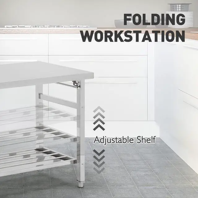 Alt view image 5 of 6 - Stainless Steel Work Table, 48'' x 24'' Folding Table for Kitchen, NSF Commercial Heavy Duty Stainless Steel Prep Table with Adjustable Undershelf, for Kitchen, Restaurant, Home