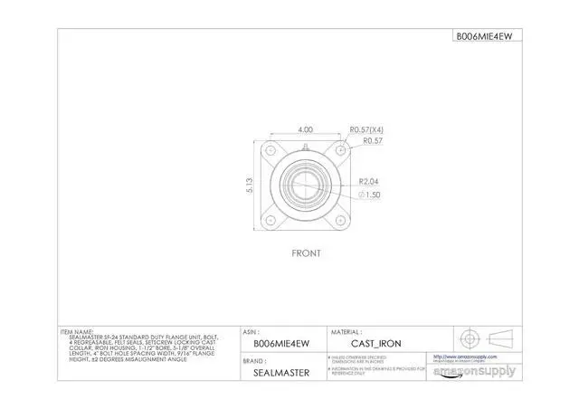 Alt view image 2 of 4 - SF-24 Standard Duty Flange Unit, 4 Bolt, Regreasable, Felt Seals, Setscrew Locking Collar, Cast Iron Housing, 1-1/2" Bore, 5-1/8" Overall Length, 4" Bolt Hole Spacing Width, 9/16" Flange Height, ±2 De
