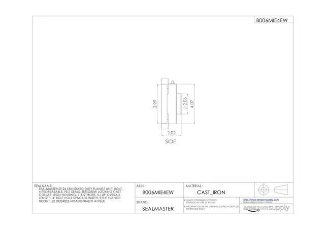 Alt view image 3 of 4 - SF-24 Standard Duty Flange Unit, 4 Bolt, Regreasable, Felt Seals, Setscrew Locking Collar, Cast Iron Housing, 1-1/2" Bore, 5-1/8" Overall Length, 4" Bolt Hole Spacing Width, 9/16" Flange Height, ±2 De