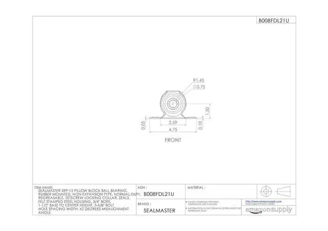 Alt view image 2 of 4 - SRP-12 Pillow Block Ball Bearing, Rubber Mounted, Non-Expansion Type, Normal-Duty, Regreasable, Setscrew Locking Collar, Felt Seals, Stamped Steel Housing, 3/4" Bore, 1-1/2" Base to Center Height, 3-5