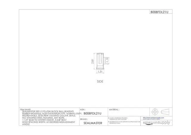 Alt view image 3 of 4 - SRP-12 Pillow Block Ball Bearing, Rubber Mounted, Non-Expansion Type, Normal-Duty, Regreasable, Setscrew Locking Collar, Felt Seals, Stamped Steel Housing, 3/4" Bore, 1-1/2" Base to Center Height, 3-5