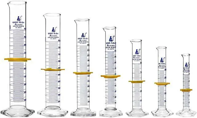 Main image of Graduated Cylinders 7 Piece Set - ASTM, Class A - 10mL, 25mL, 50mL, 100mL, 250mL, 500mL & 1000mL - Protective Collars, Hexagonal Base - Blue Graduations - Borosilicate 3.3 Glass - Labs